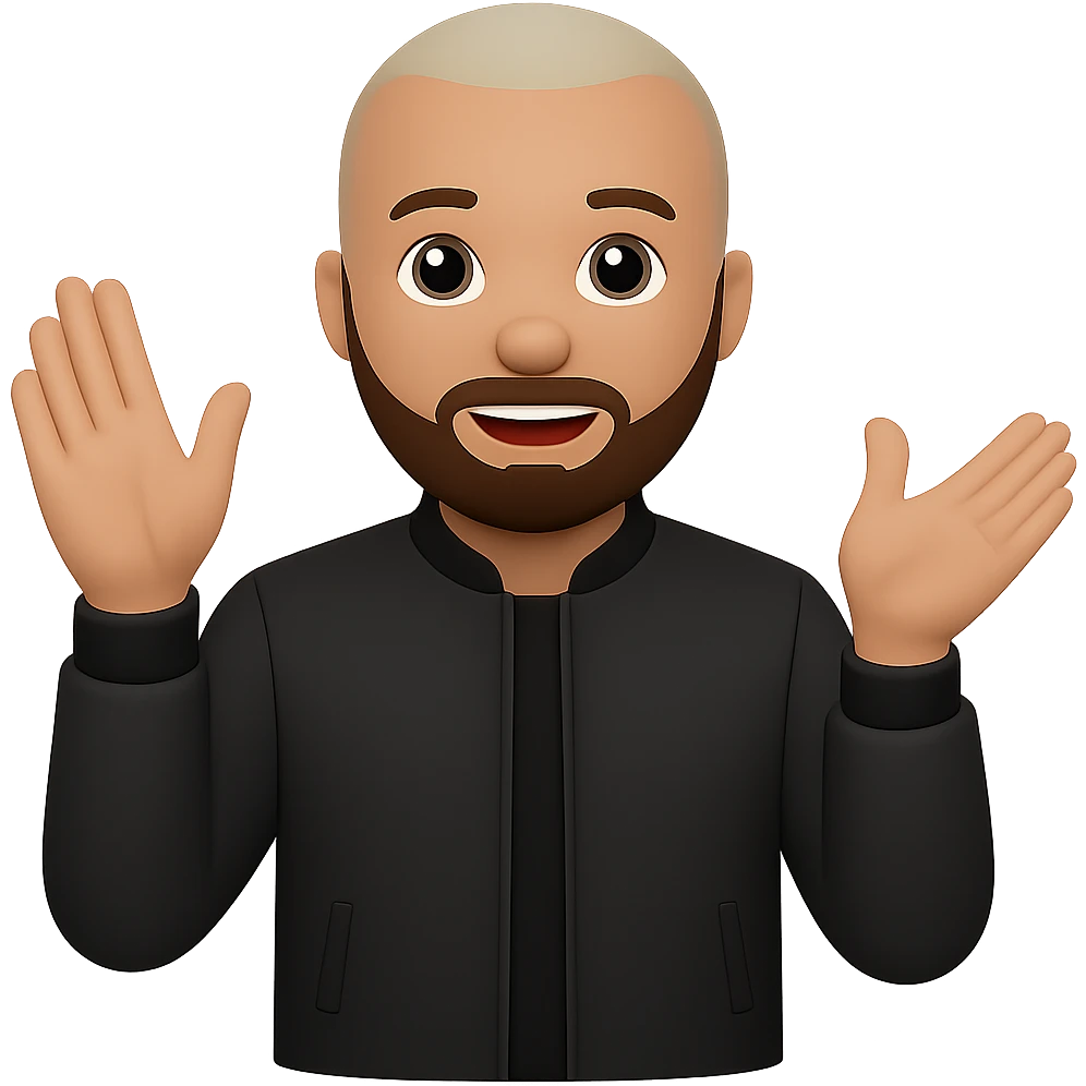 Remove the background, make the man's skin tone a little bit darker, and make his beard black. The style should resemble emoji style with concise details and colors as typical emoji art. emoji