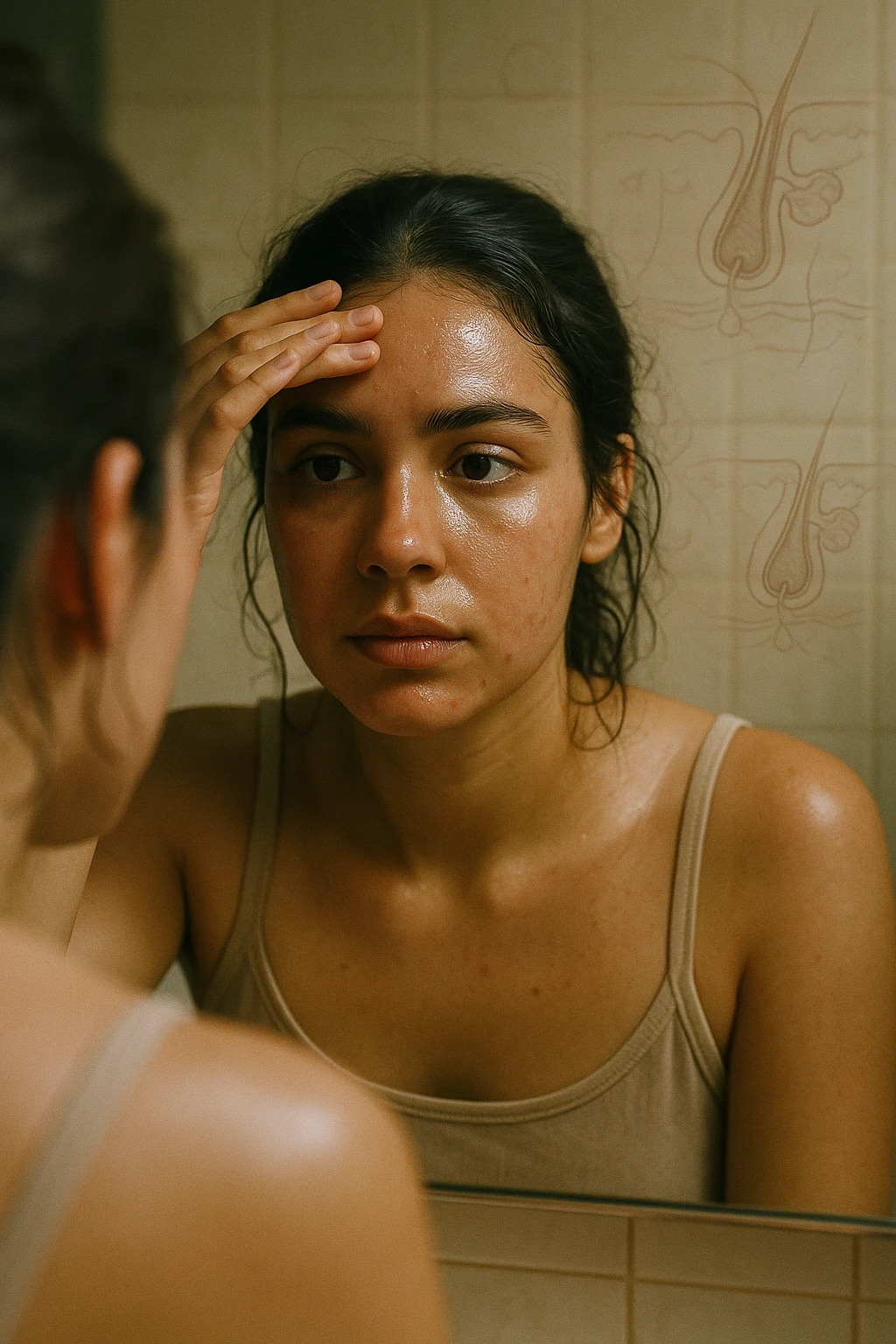 A realistic, cinematic portrait of a young woman in her late 20s with medium skin tone, sitting in front of a mirror in a softly lit bathroom. Her facial skin appears oily with a noticeable shine on her forehead, nose, and cheeks due to overactive sebaceous glands caused by PCOS. Small acne spots are visible along her jawline and chin, highlighting hormonal imbalance. She gently touches her forehead with her fingertips, checking the oiliness with a slightly concerned expression. Her dark hair is tied loosely, showing a few strands sticking to the sides of her face because of excess sebum. Subtle overlays of scientific diagrams of sebaceous glands can be softly blended into the background, symbolizing the overproduction of sebum. The atmosphere is clean and realistic, with warm daylight tones and a soft depth of field, ensuring emotional connection while maintaining medical educational value. 35mm film style, highly detailed skin texture and reflections on the oily areas for a hyperrealistic effect in italiano emoji