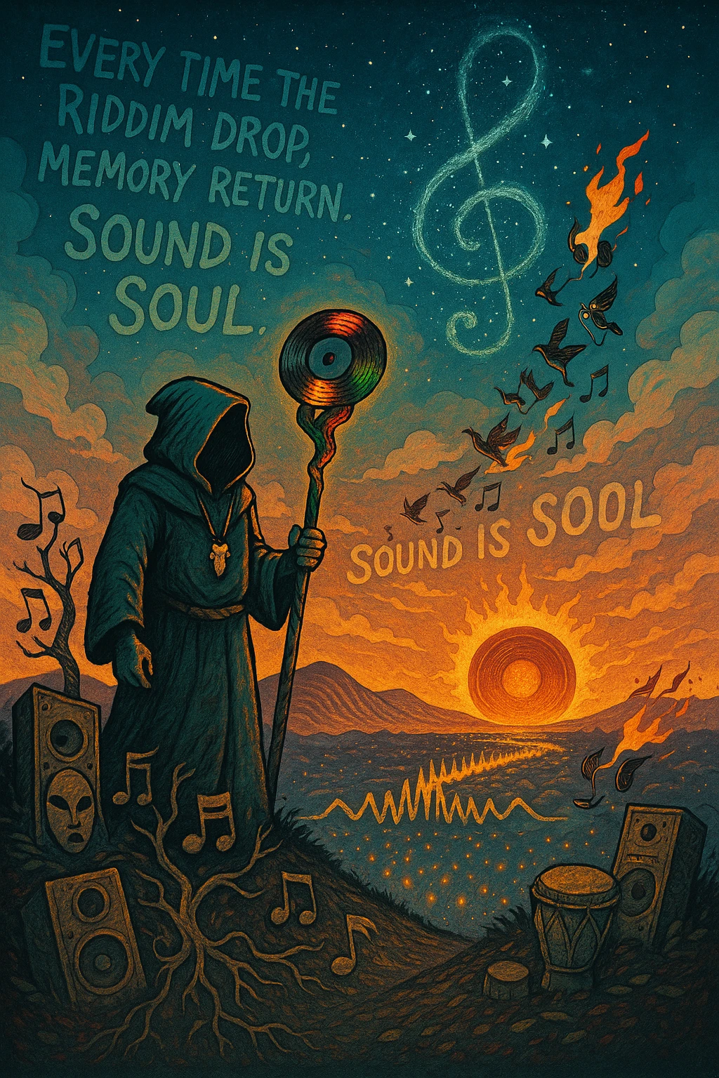 Create a mythical, animated-style poster set in a timeless world where sound is sacred. At the center, a hooded guardian of rhythm stands on a hill, overlooking a vast land shaped like a giant soundwave.

He holds a staff made of melted vinyl records, glowing with faint reggae colours — red, gold, and green. Around his neck is a lion’s fang pendant, and behind him, a swirling constellation shaped like a treble clef lights the sky.

From the earth, roots twist upward into musical notes, connecting instruments, speakers, and ancestral masks half-buried in the soil.

A flock of birds made from broken headphones and fire rises from the horizon — flying toward a glowing sun that pulses like a subwoofer.

Below, scattered across the valley, are tiny glowing embers — each one representing a soul still dancing, still alive.

In the sky, faint words form from the clouds:
“Every time the riddim drop, memory return. Sound is soul.”

The artwork should feel ancient, futuristic, and sacredly street — part graffiti, part prophecy, part roots revival. emoji