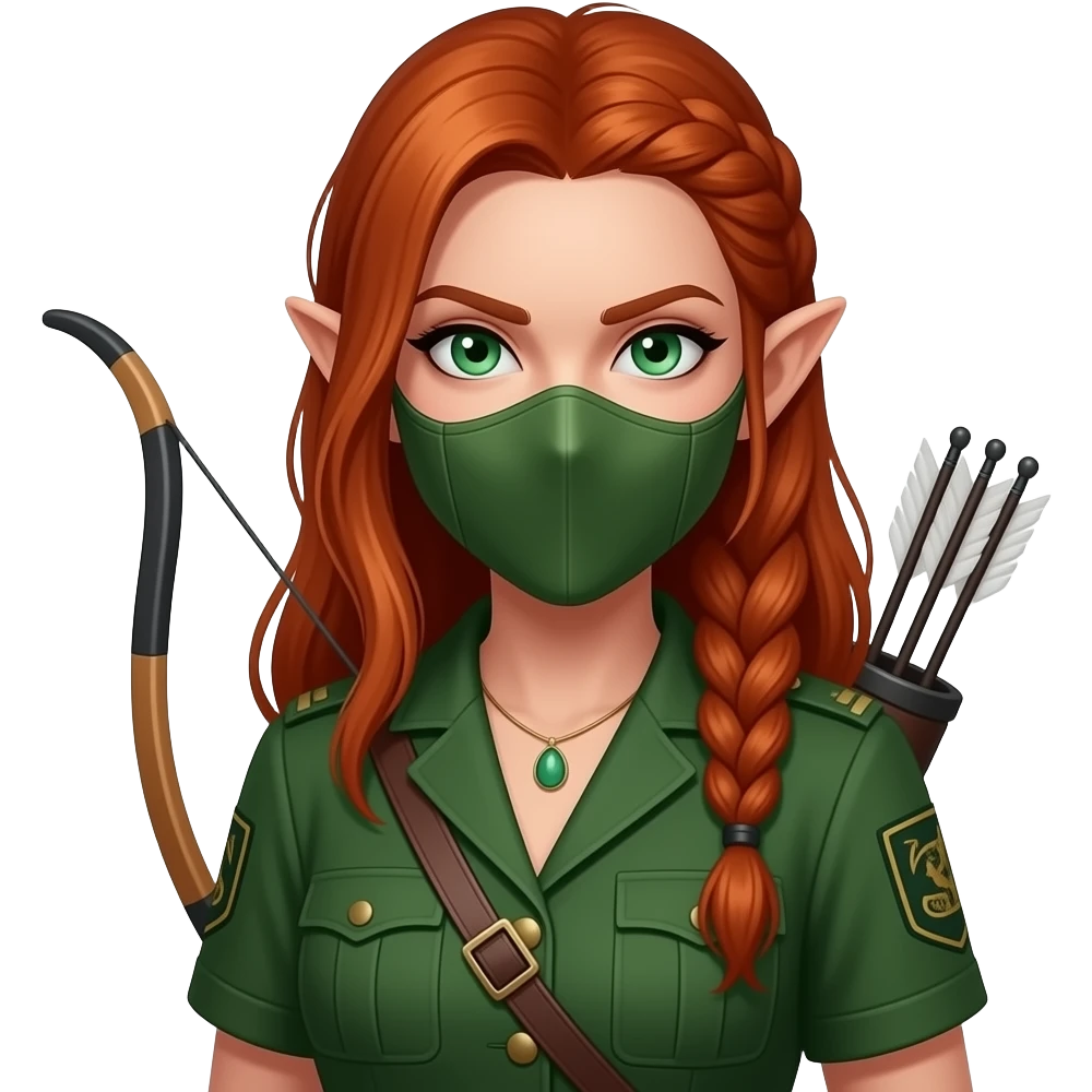 femme rousse aux yeux verts, cheveux longs attachés ensemble au dessus de la tête avec un tresse, ressemble à une elfe, archère, voleuse avec un masque qui cache ses yeux, absence de bijou, tenue verte unie, air déterminé emoji