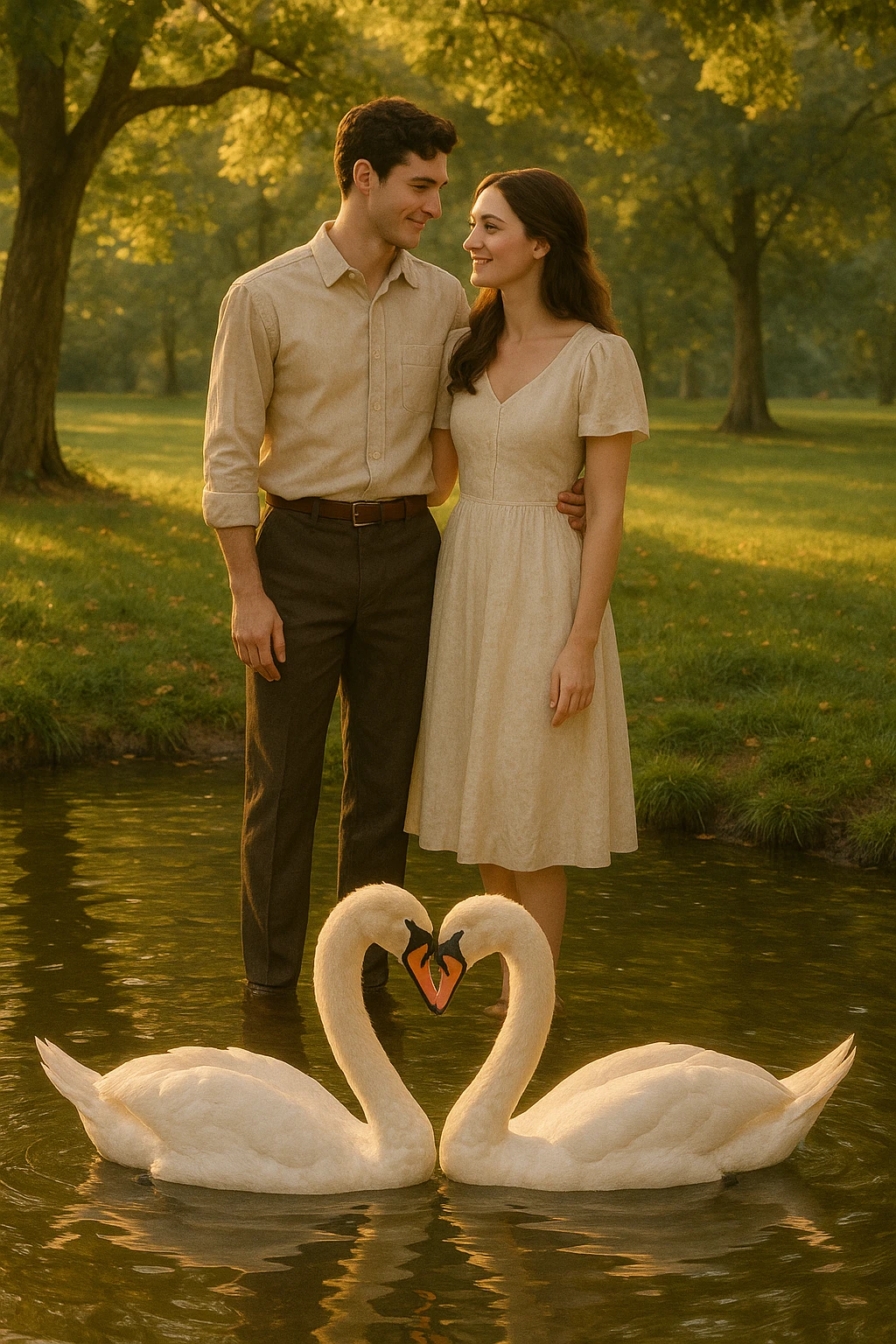 Vertical format: A man and woman in a park looking at two swans forming a heart with their necks, the couple exchanging a tender glance, romantic atmosphere. emoji