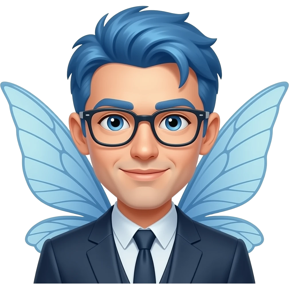 glamourous fairy face and wings sticking out portrait blue hair and glassess male low res emoji