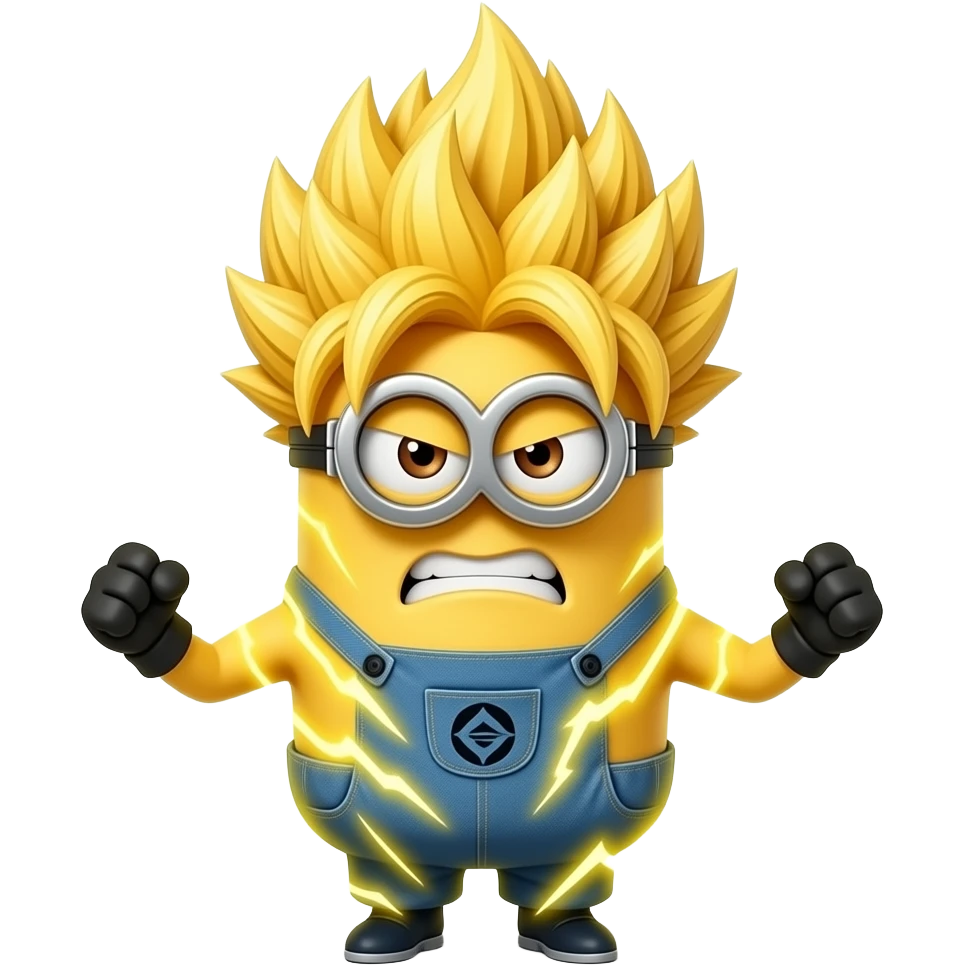 make a minion look like thjey are going super sayian  make look more angry and make glowing aura around it make arms more in a stance and bright yelow glowing aura like super sayian 3 emoji