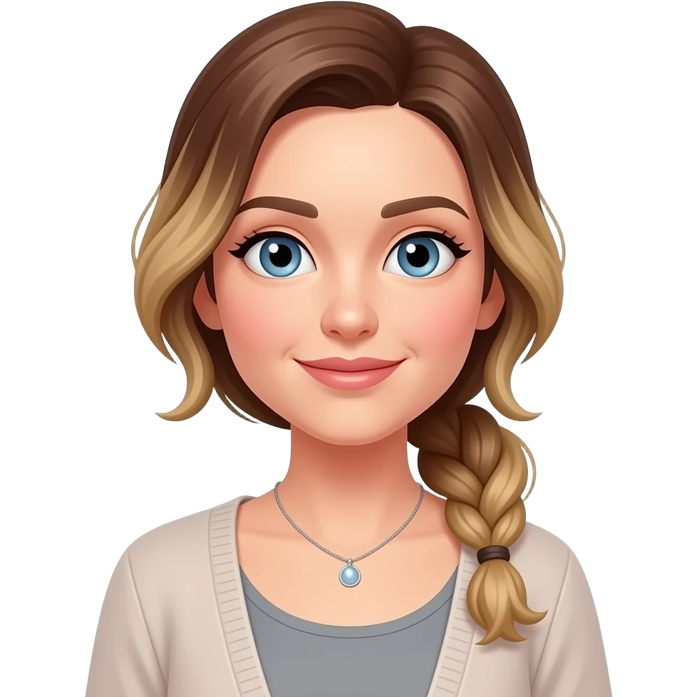 pink cheeks, smaller Blue eyes, light skin, longer brown/blond balage hair pony tail, 38 aged women, cardigan, grey top,small necklace emoji