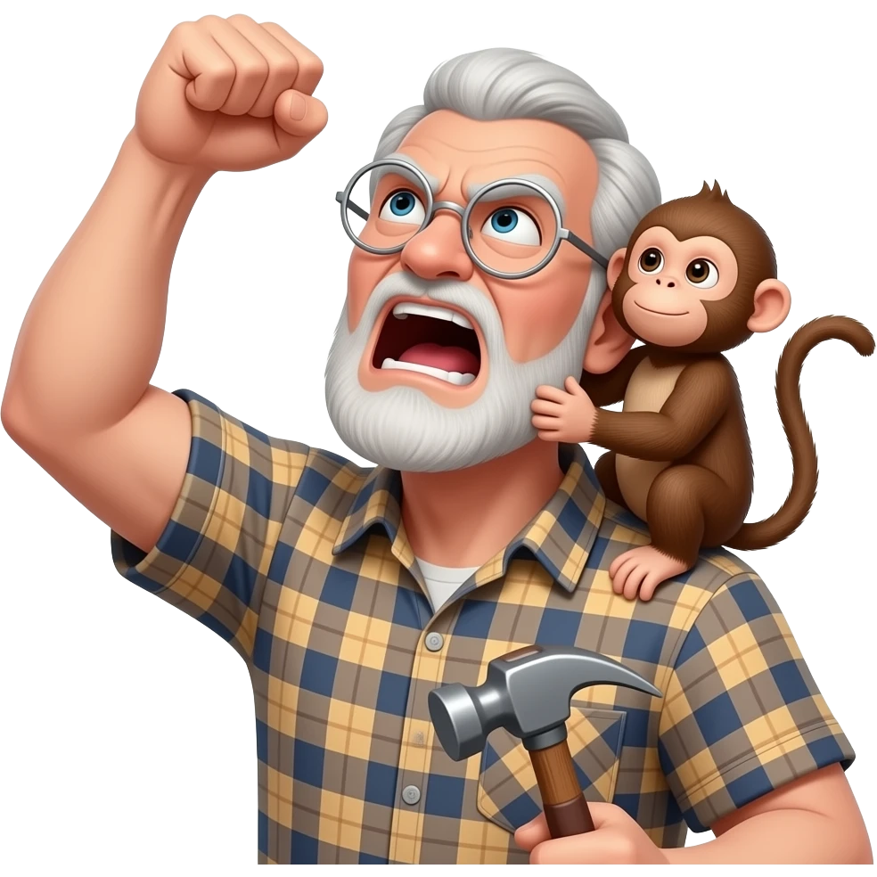 grumpy angry old man yelling with round silver glasses and a plaid t-shirt shaking his fist and looking up at the sky with a hammer in his left hand and a baby monkey on his shoulder with his tail wrapped around the mans neck emoji