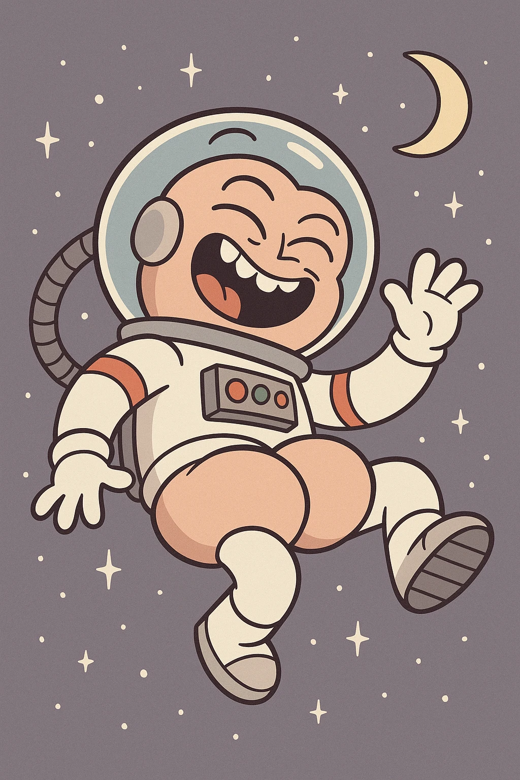 a cartoon butt in a spacesuit, floating in zero gravity, laughing, humorous and silly, cartoon style emoji