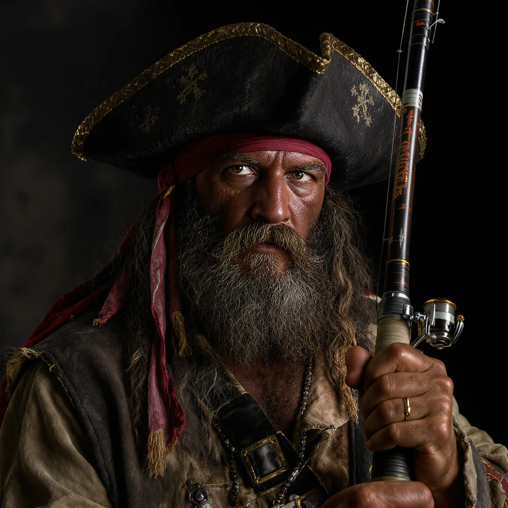 realistic illustration of a rugged pirate with a fishing rod, detailed textures, dramatic lighting emoji