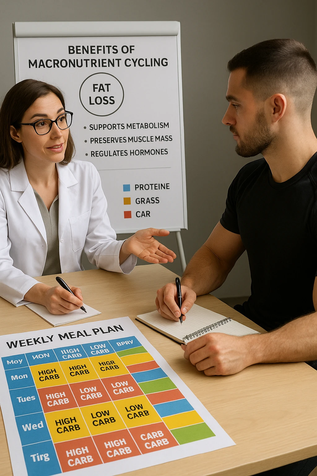 a nutritionist explains to an athlete how to cycle macronutrients for fat loss and training. On the desk, a weekly meal planner shows alternating high-carb and low-carb days, with color-coded sections for proteine, grassi, and carbo. The athlete takes notes, and a chart in the background illustrates the benefits of nutrient cycling. The mood is professional and educational. scritto in italiano emoji