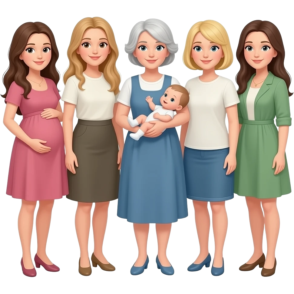 Standing together Caucasian women with long hair: 1 brunette whose pregnant, 1 dirty blonde tall, 1 mom 1 blonde with baby in arms, 1 blonde small, 1 brunette emoji