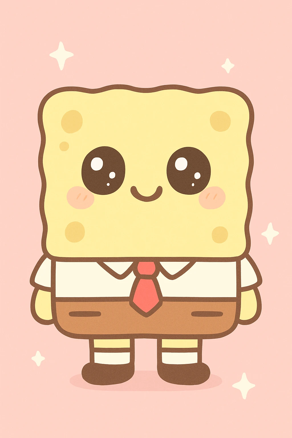 SpongeBob SquarePants, kawaii style, cute yellow sponge, big eyes, white shirt, red tie, brown shorts emoji