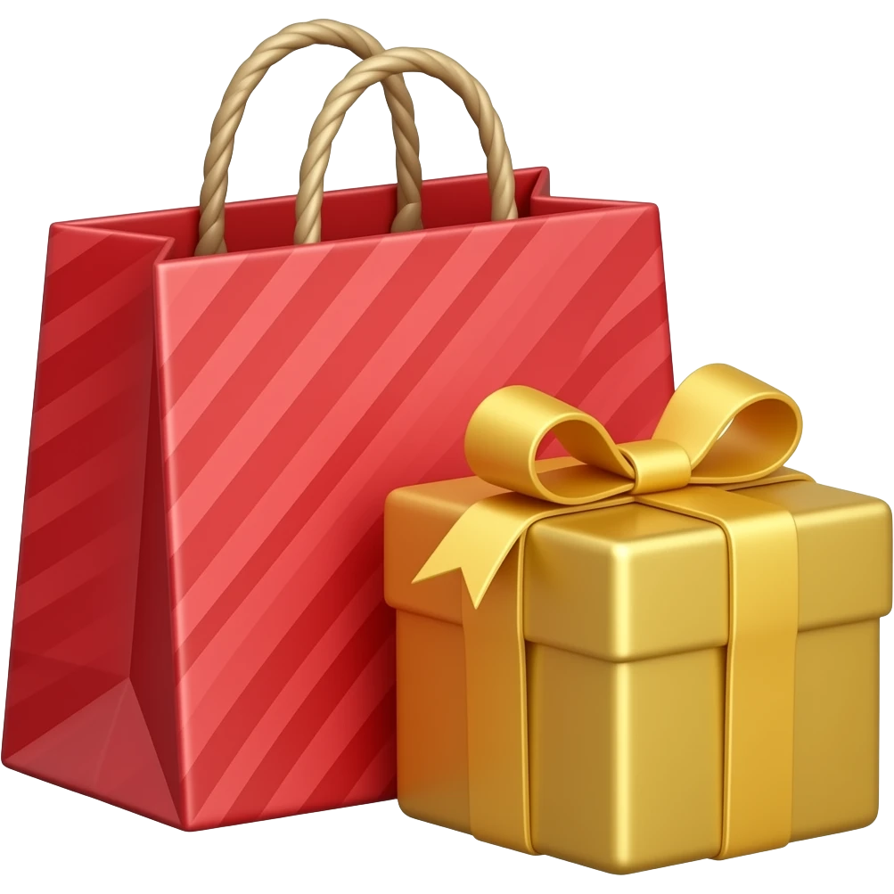 bolsa de papel roja con un regalo dorado emoji