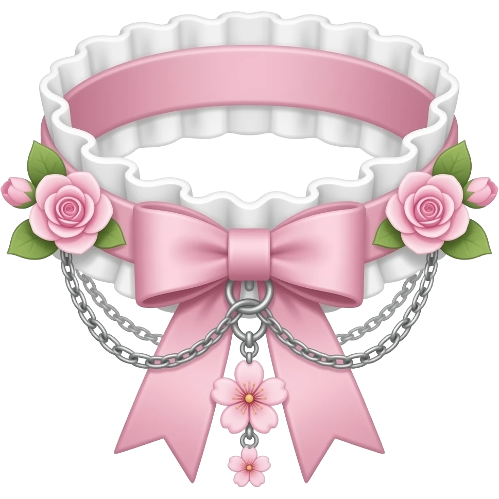 Pastel-baby-rose-pink Lolita-styled aesthetic cute kawaii choker-collar-necklace adorned with with white frills, roses, bow tie, silver chains, sakura, apparel separated emoji