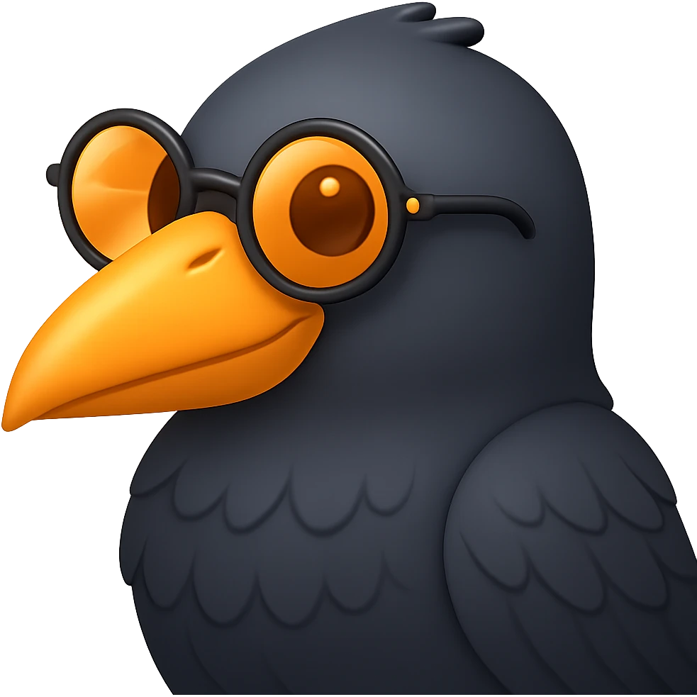 Make the bird emoji more emoji-like, keeping the detailed, slightly cartoonish style and subtle emoji shine. Define the feathers just a bit more than before, but keep it clean and not too realistic. Keep the orange beak and round sunglasses. Bird looking to the left. No background. emoji
