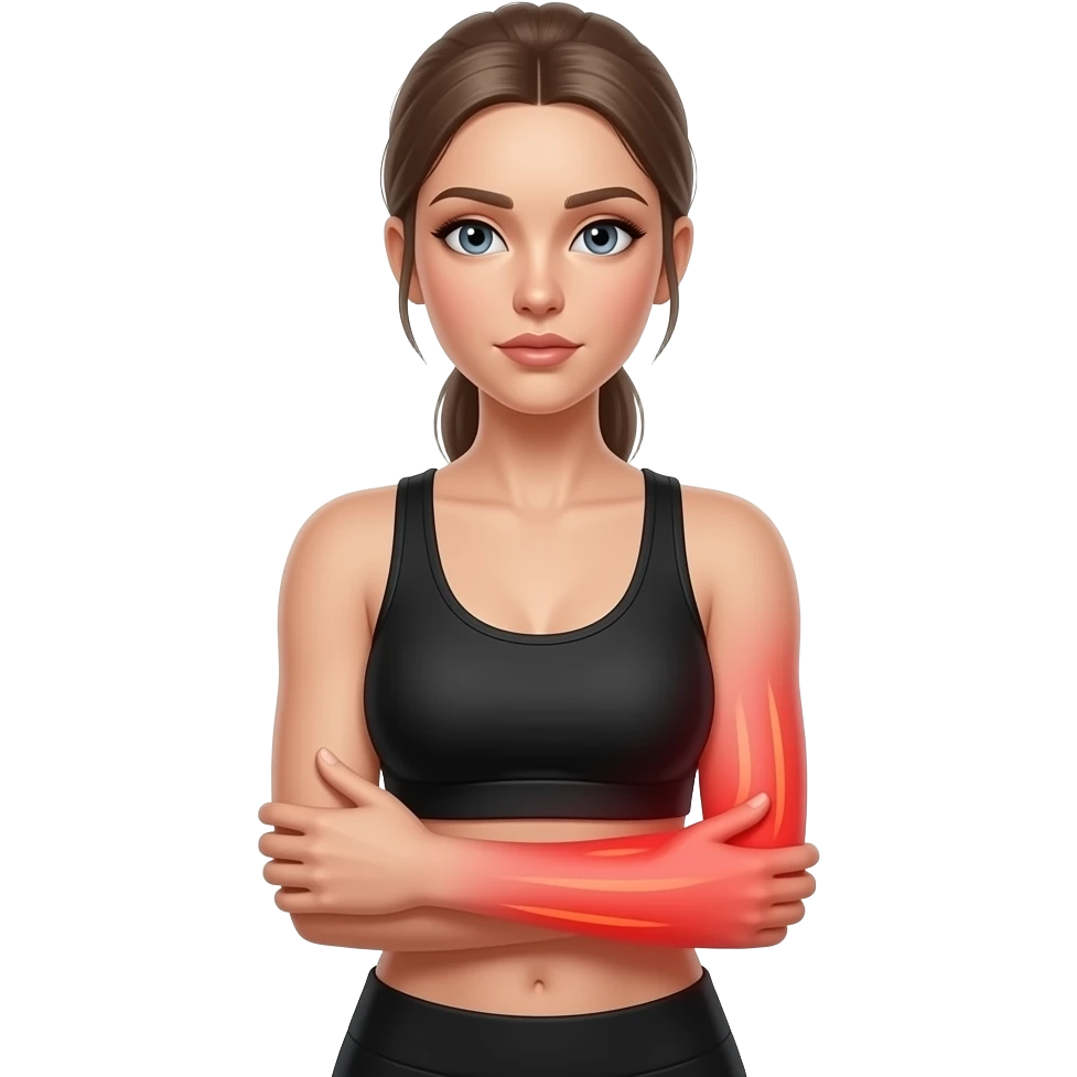 all arm pain, red glow on all arms, woman holding one arm, fair-skinned woman, gray-blue eyes, ash brown brows, ash light brown hair tied back, slim athletic body, black workout set, white background emoji