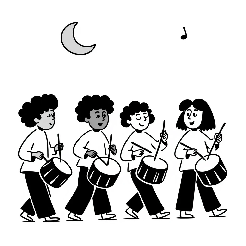 group waking up the neighborhood for sahur with drums, crescent moon in background emoji