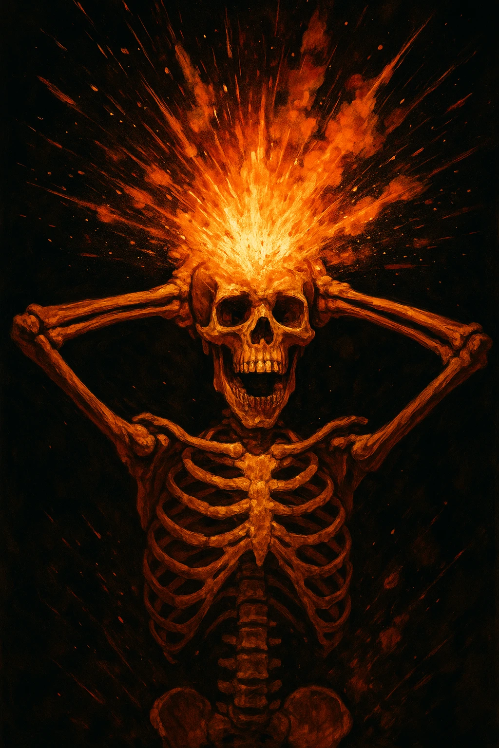 exploding head skeleton, hands clasped behind head, intense and striking emoji