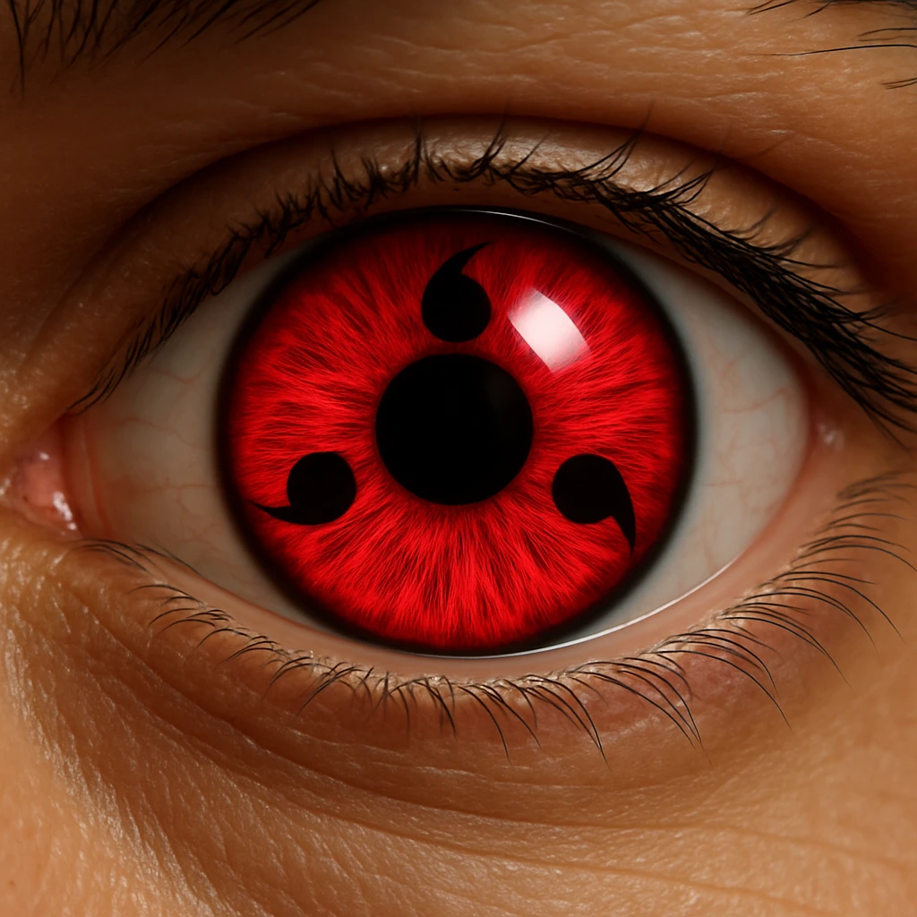 sharingan eye, realistic, intense red, glossy effect, sharp black tomoe, close-up view emoji