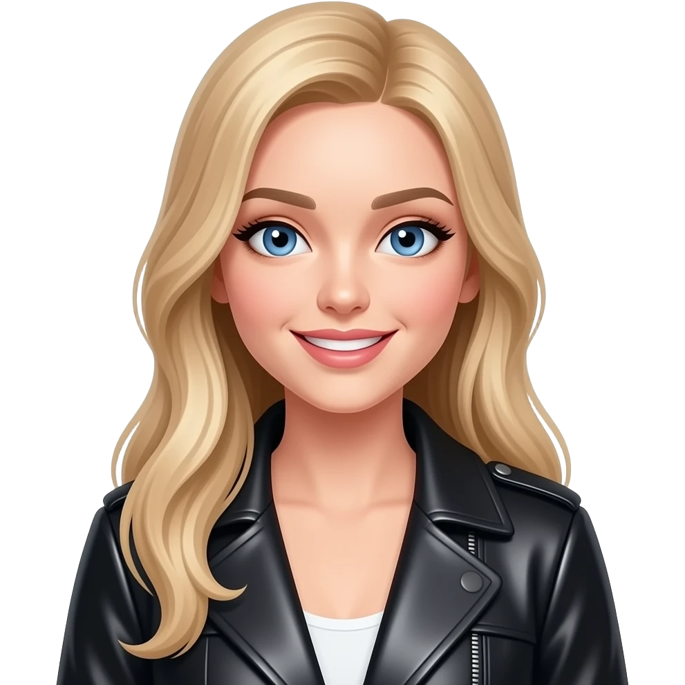 jeune femme blonde, yeux bleus, sourire, rêveuse, cheveux longs très lisses, belle, manteau cuir élégant, maquillage, botox emoji