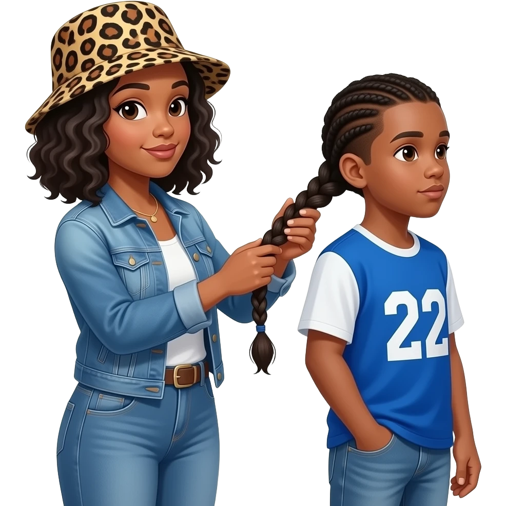 African American woman with shoulder length curly black hair wearing a leopard print bucket hat wearing a white shirt wearing a denim jacket and denim jeans braiding an African American teenage boy hair in neck length cornrows wearing a blue and white jersey shirt with 22 on it wearing jeans emoji