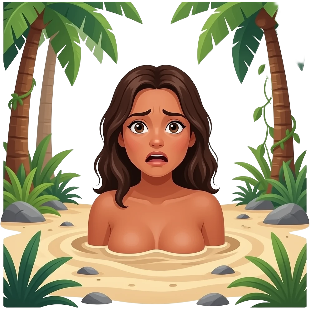 a terrified deeply tanned naked woman chest deep in quicksand with jungle trees around her emoji