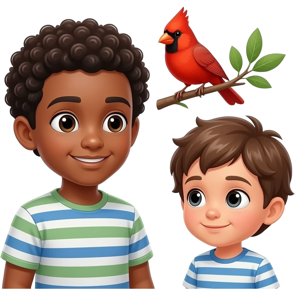 African American boy and African American toddler boy looking at a red cardinal emoji