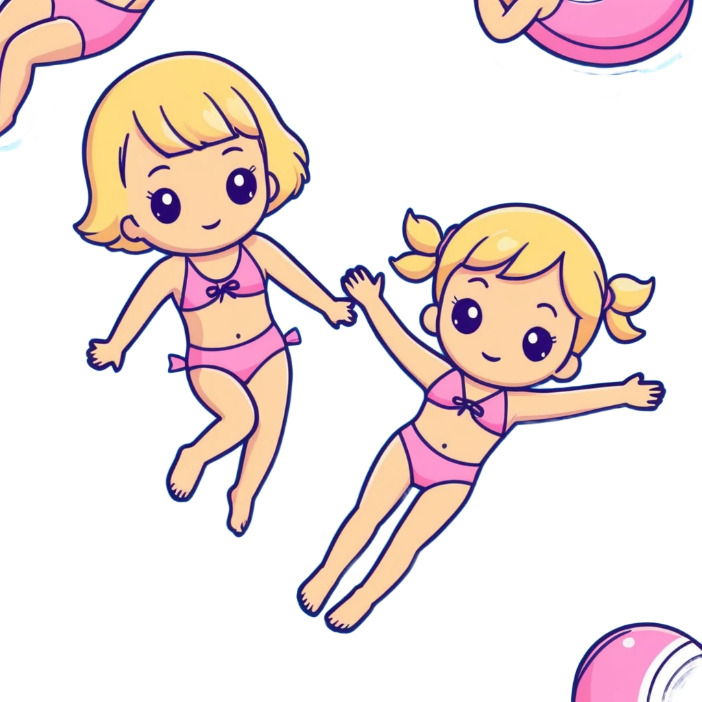 Two girls wearing pink bathsuits. One girl has blonde hair, the other girl has dark hair. Floating in the ocean emoji