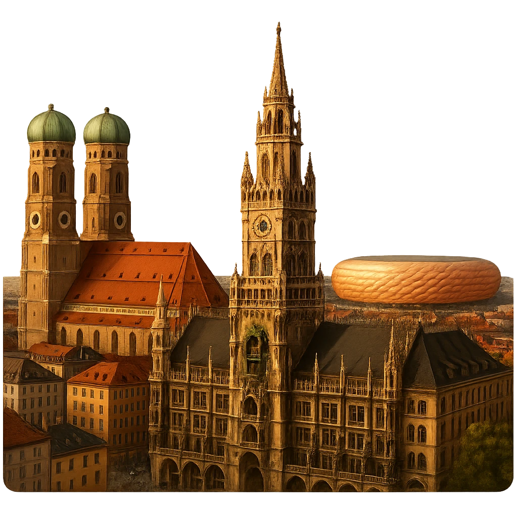 cinematic realistic emoji of Munich skyline featuring iconic landmarks Frauenkirche, Marienplatz, Allianz Arena, lifelike detail, accurate colors, bright lighting, wide city view, no sky, fully transparent background emoji