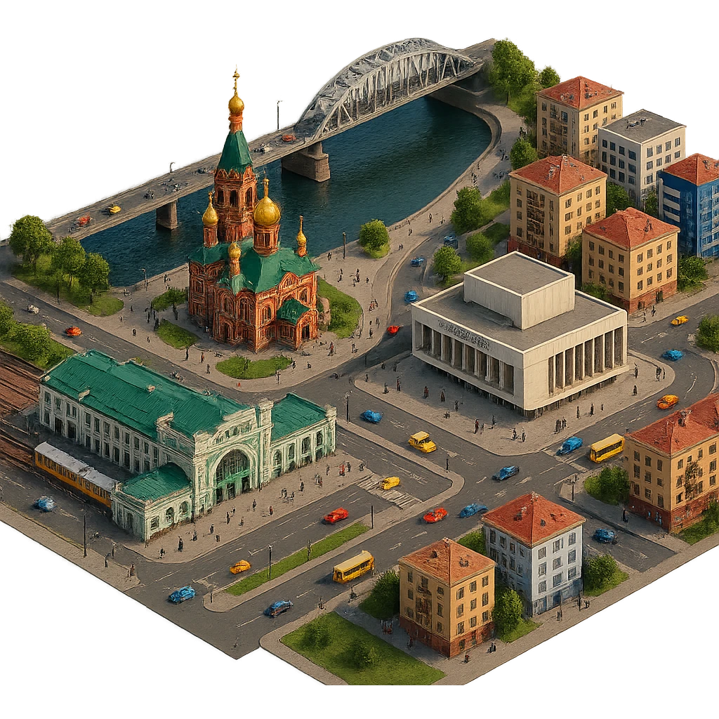 Изометричная чёткая миниатюрная фотореалистичная 3D модель панорамы Красноярска — Стрелка с мостом, Благовещенская церковь, Красноярск-пассажирский, Красноярский театр оперы и балета, дома, люди, автотранспорт. Вид сверху в изометрии, яркие цвета, прозрачный фон, компактная композиция. emoji