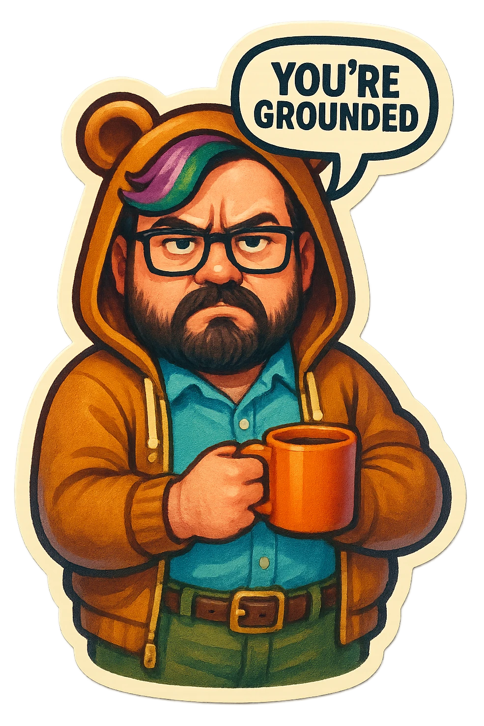A realism art illustration art style of a plus-sizes man with purple to green ombre streak, black beard, blue eye, glasses, wearing a bear hoodie with ears,  dressed like a dad, holding a coffee mug, You’re grounded speech bubble, frowning  emoji