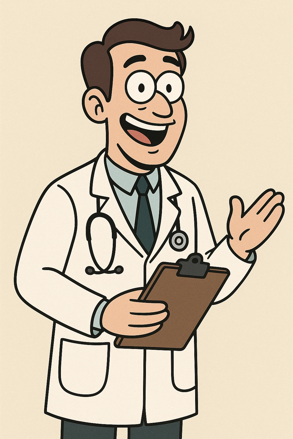 doctor, cartoon style, holding clipboard, smiling, white coat emoji
