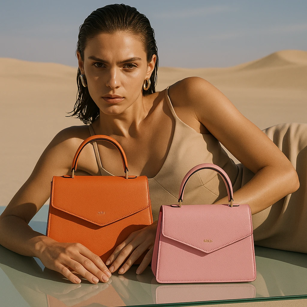 A stylish woman lying on her side on a glass surface in a minimalist desert, gazing intensely at the camera. She holds two designer bags—one orange, one pink—wears a beige minimalist top, earrings, and has sleek wet hair. Dramatic sunlight, high fashion editorial vibe, soft pastel colors. emoji
