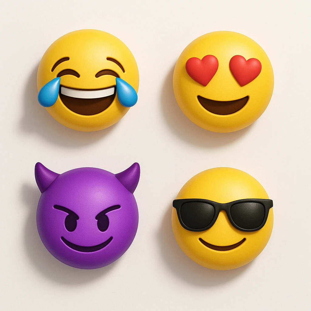 make four emojis on white background with good amount of shadow, four emojis of smiley's only. one laughing, second heart eyes, third purple devil and four black glasses emojis  emoji