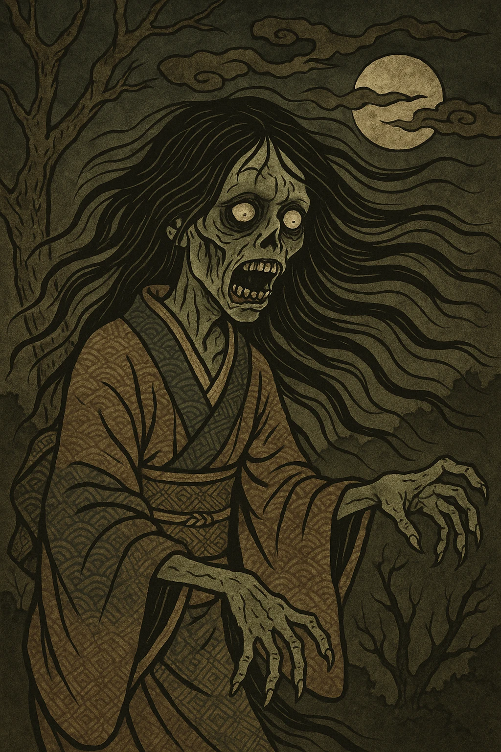 a zombie girl with long wispy hair, spooky gothic style, dark and eerie atmosphere, detailed shadows emoji