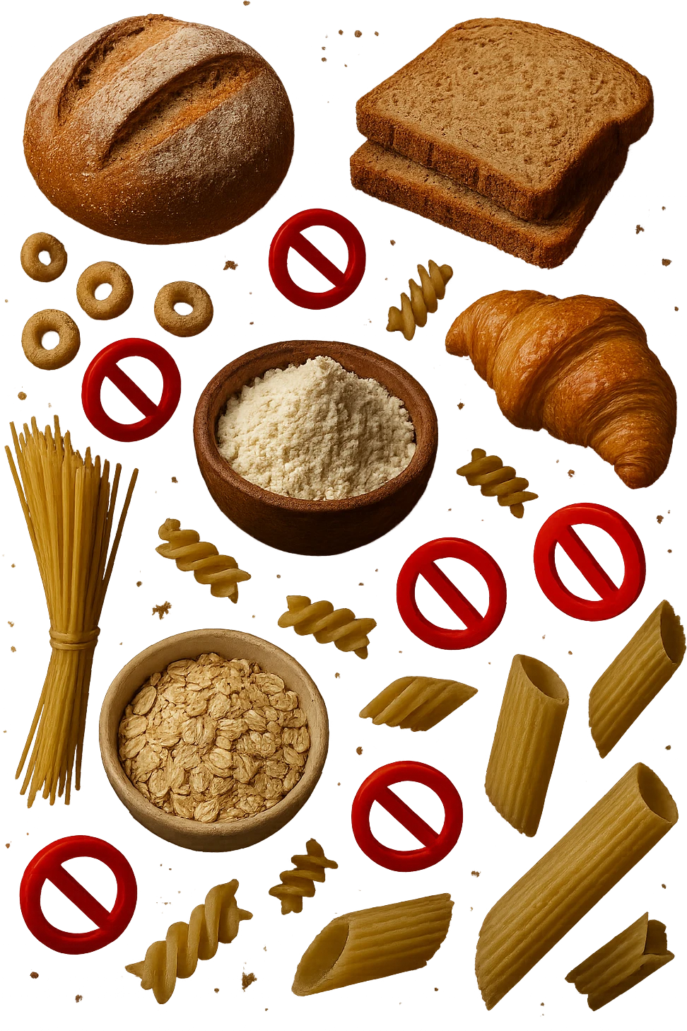 cereali, pane, pasta e farine realistici fluttuano in aria con piccoli divieti 3d, IPERREALISTICO 4K emoji