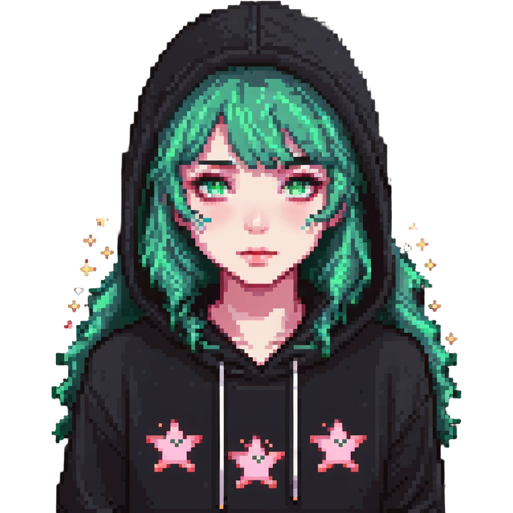 A cute girl with white skin, dark wavy hair just below her shoulders, green eyes, fair skin, a soft pink blush, and burning stars in her eyes. She has a thin neck and is wearing a black hoodie. The girl has long bangs styled on both sides of her face. emoji