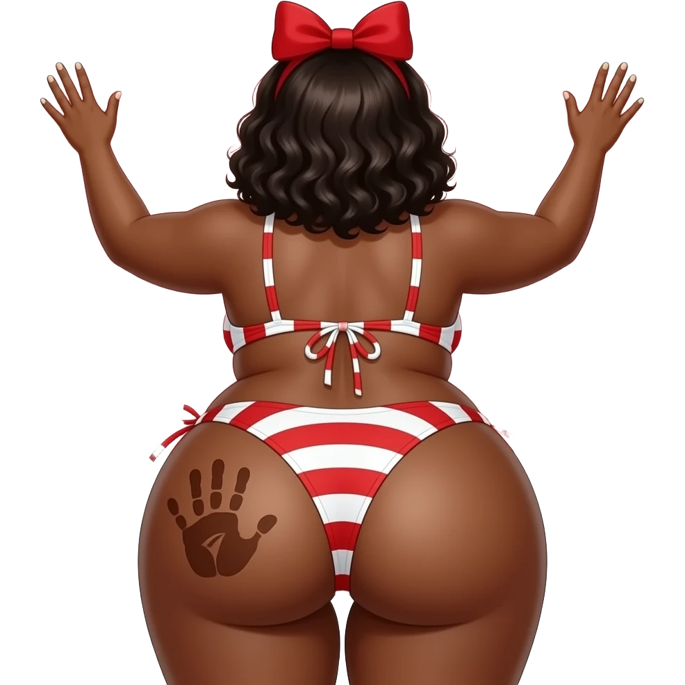 A tanned really extremely fat heart shaped red and white big booty African showing back its bikini and massively bog thighs and buttocks while putting her hands behind the wall and she has a brown colored hand print on her left buttocks and she with a red bow tie on her head emoji
