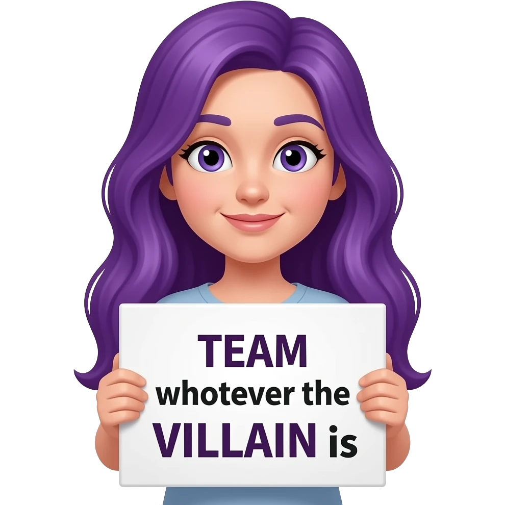 girl with long purple hair holding a TEAM whoever the VILLAIN is sign emoji