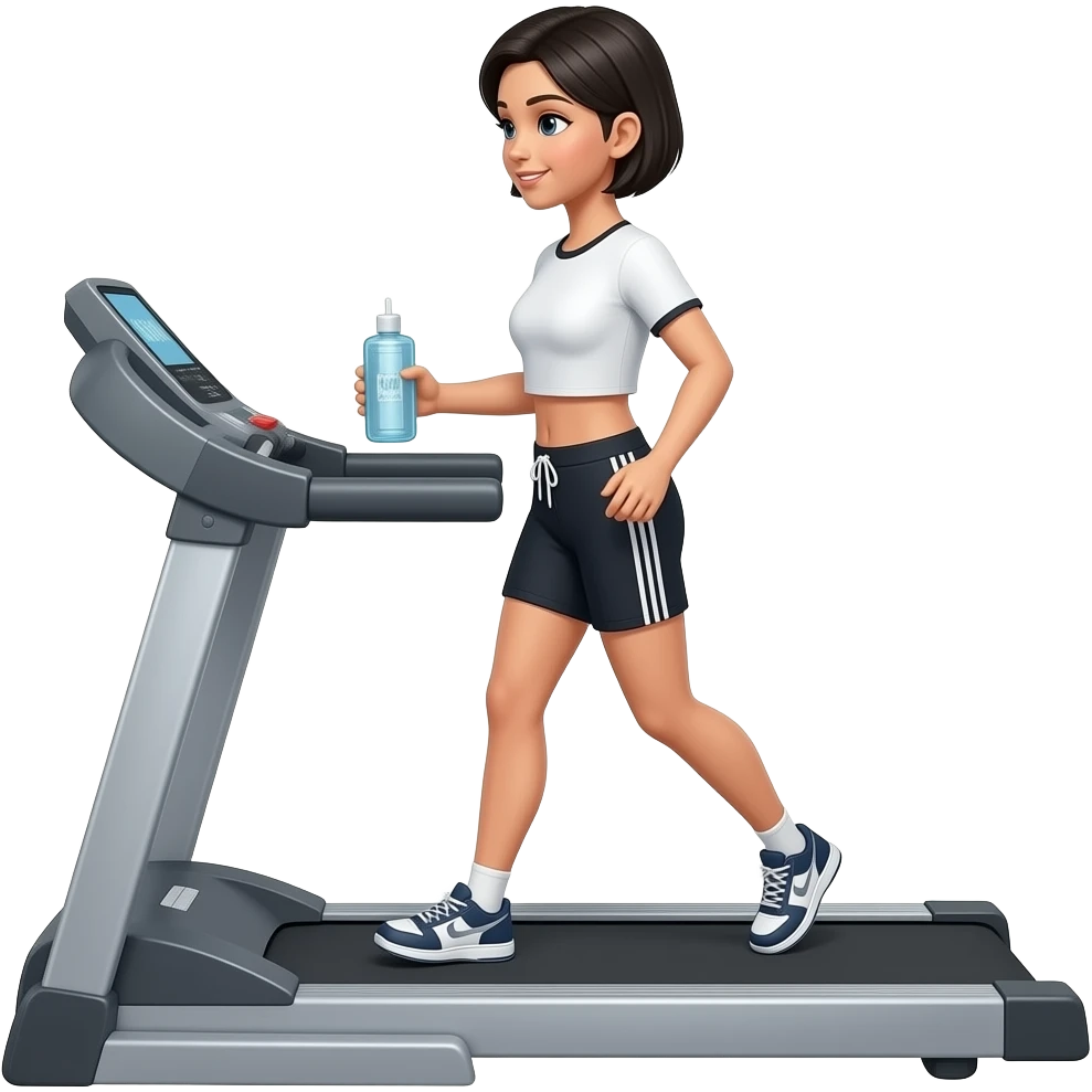 female, short black hair, fit and lean with a sixpax on a treadmill emoji