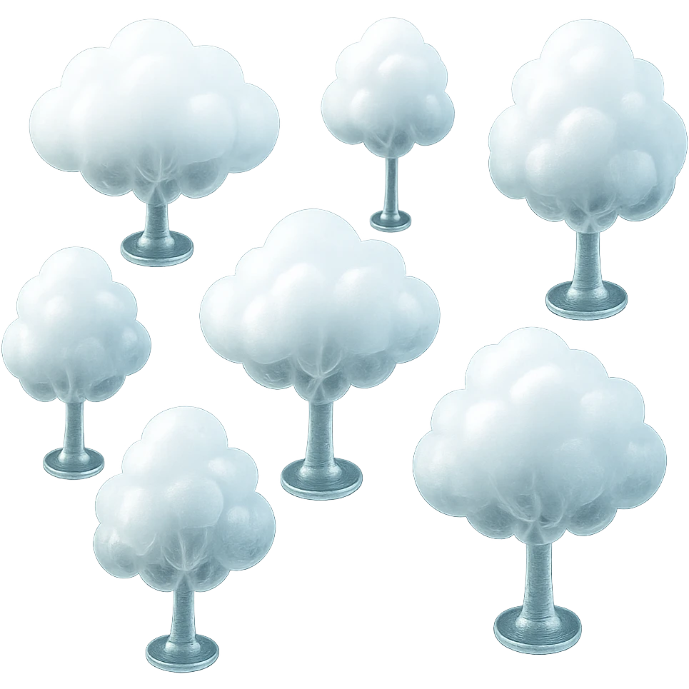 tree with a crown made of very bright white fluffy convex clouds, matte glass style emoji