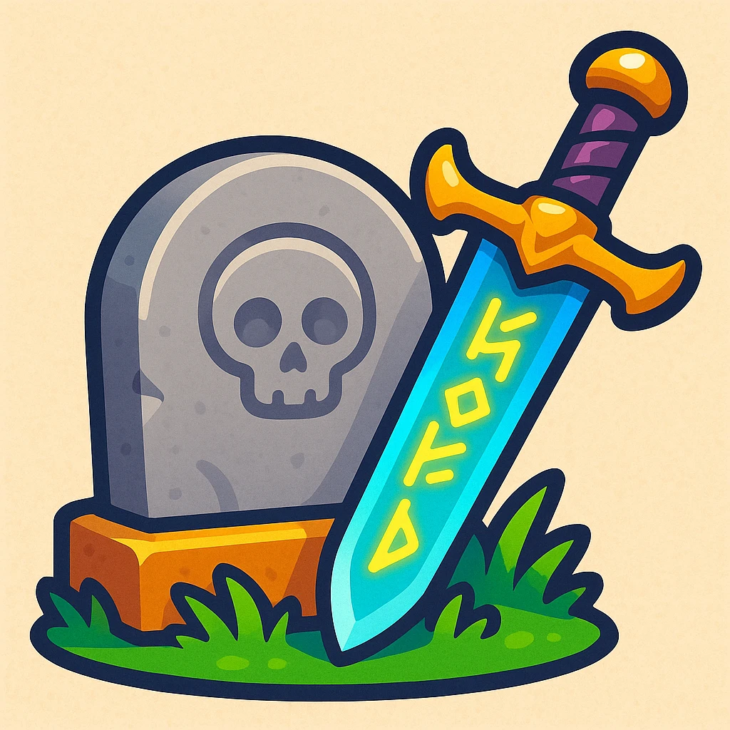 Black Desert Online emoji of a gravestone with a fantasy weapon leaning against it, referencing in-game death, in a playful style emoji