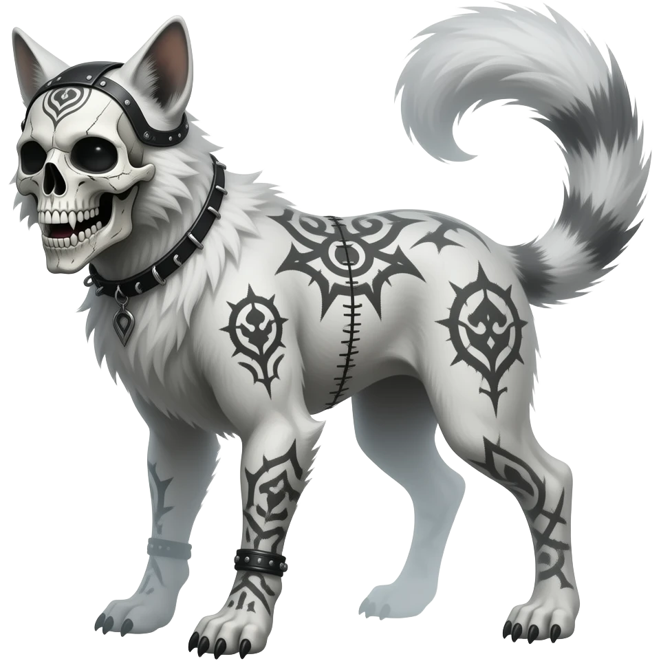 smexy skull-masked punky gothic bleak swampy white-skeletal gloomy dark pale albino foggy eldritch beautiful realistic edgy fantasy ghoul-like stitched vernid-sergal-fursona animal creature with a tufted tail full body with intricate markings emoji