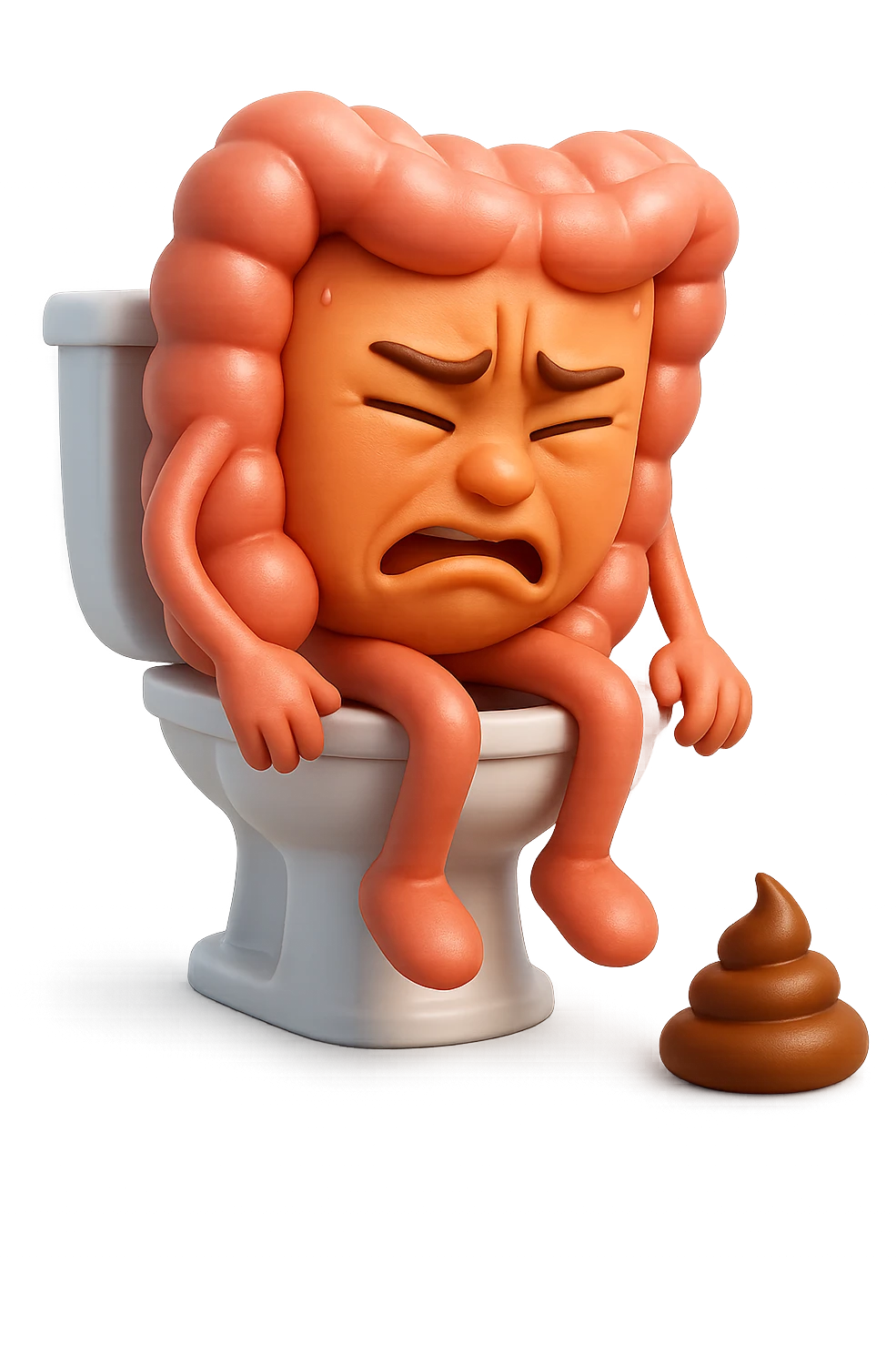 SU QUESTO STILE FAI UN EMOJI STILE IPHONE 3D DI UN INTESTINO CHE sta seduto sul wc e davanti ha una montagnetta di feci a palline stile emoji iphone, FAGLI UN ESPRESSIONE di dolore mentre si sforza E FALLO MOLTO REALISTICO IN 3D emoji