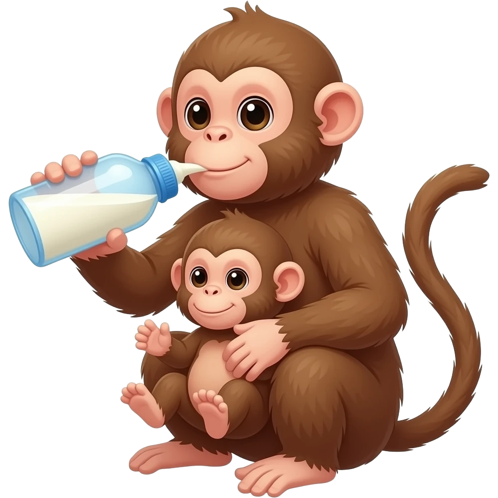 baby monkey drink a milk  with his  mothers hold in legs emoji emoji