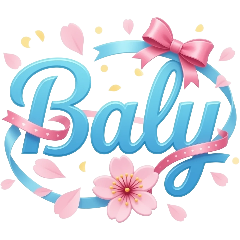 A sleek, sky blue text 'Baly' decorative symbols, adorned with satin ribbons and glowing neon-colorful hearts. Surrounded by floating cherry blossom petals and golden bokeh. Vibrant, modern, and feminine with a cinematic glow emoji