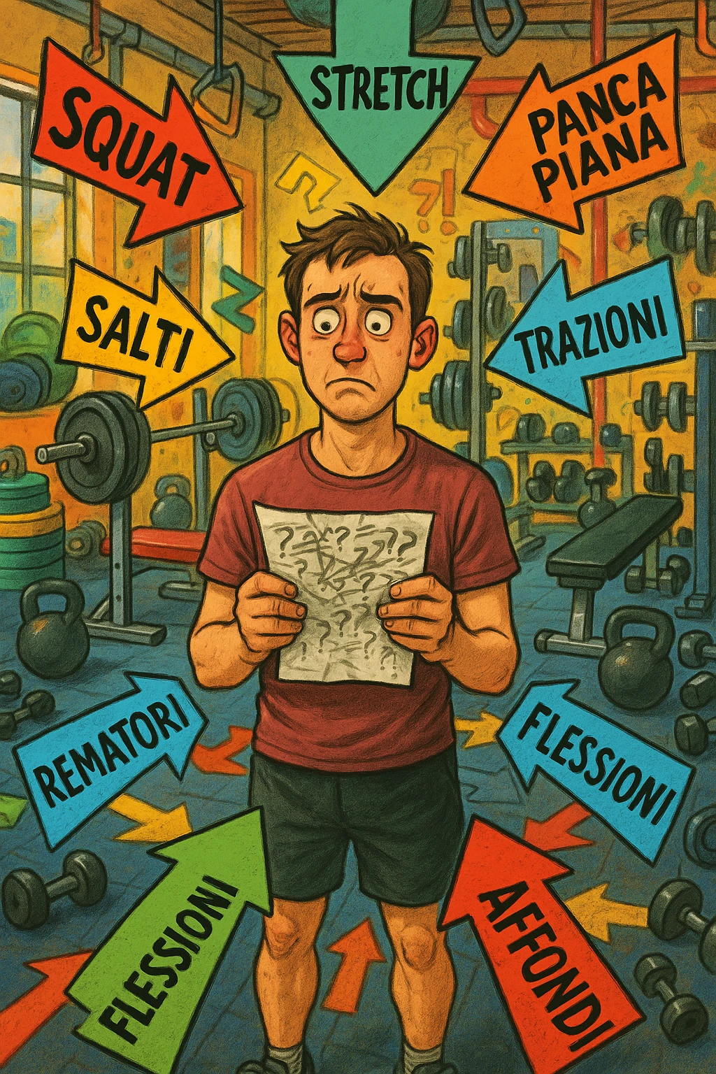 a person stands in the center of a gym, surrounded by arrows pointing in all directions, each labeled with a different exercise (e.g., “squat,” “Salti,” “stretch,” “Panca Piana”). The person looks bewildered, holding a workout plan with scribbles and question marks. The scene is colorful but visually messy, symbolizing confusion. in italiano immagine iperrealistica emoji