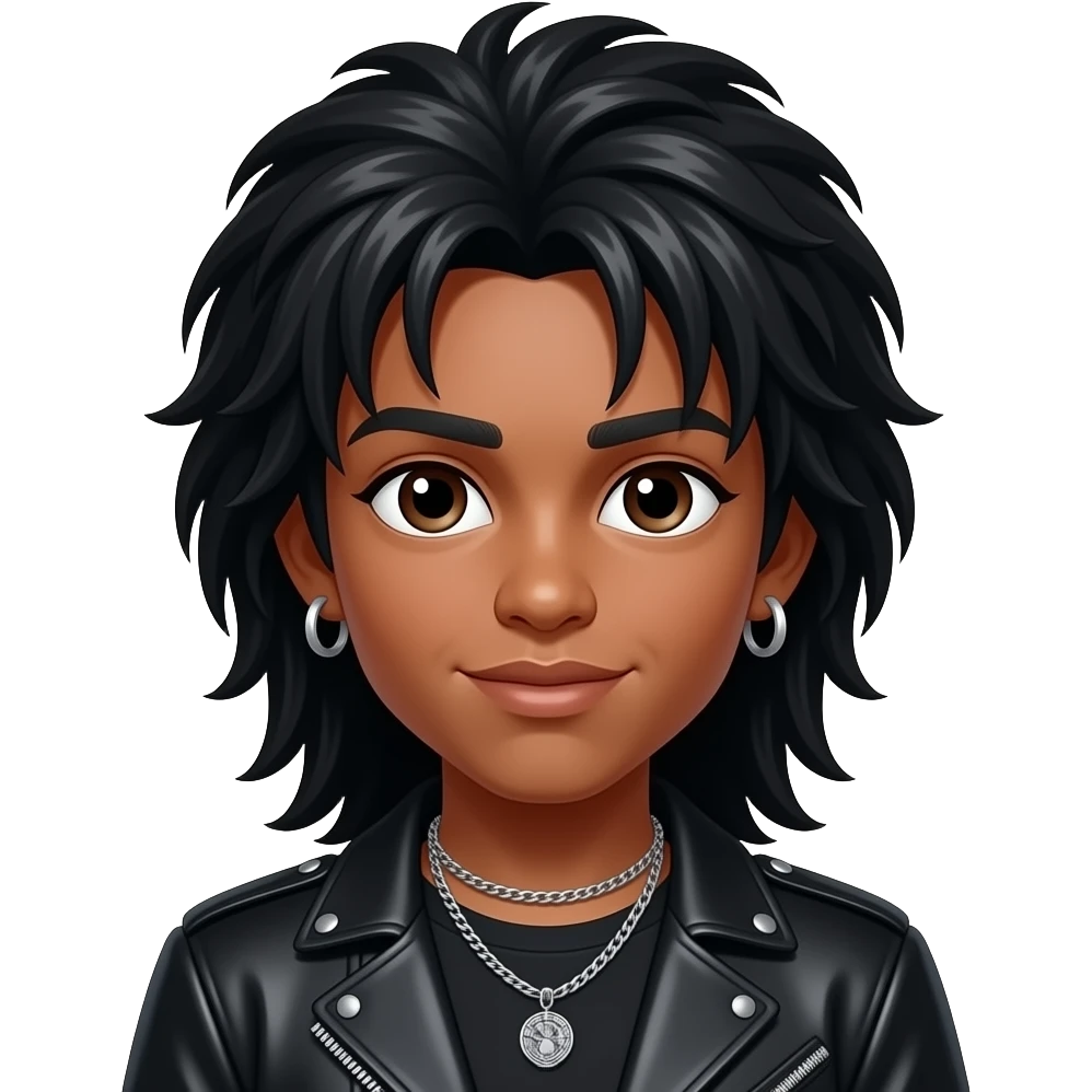 Un chico rockero Moreno de cabello negro y largo estilo 80s emoji