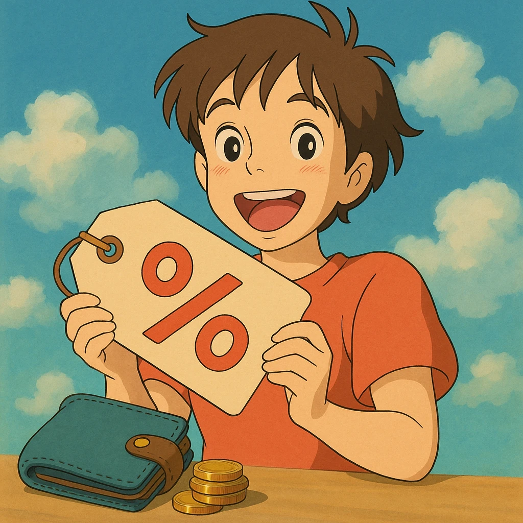 happy anime character holding a price tag with discount symbols, coins and wallet nearby, cheerful colors, Studio Ghibli style emoji