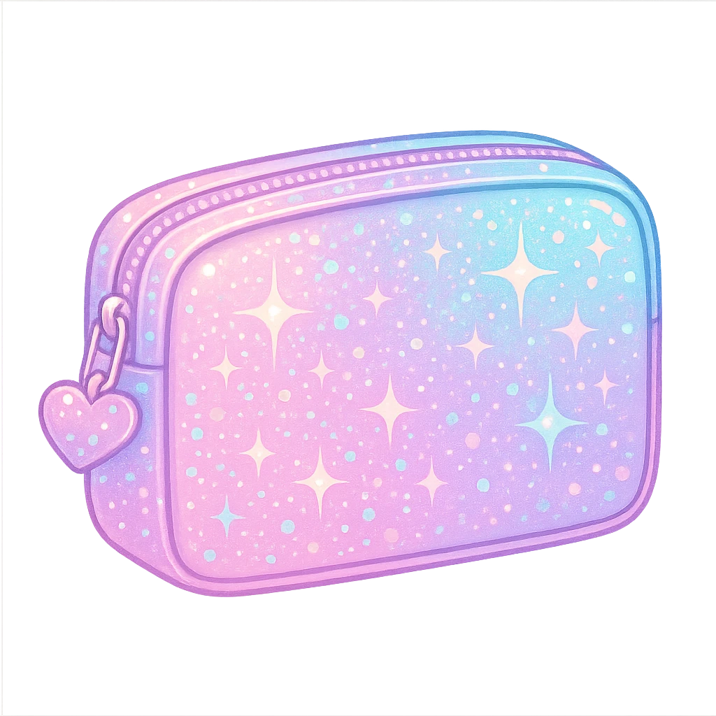 girly sparkling makeup pouch, pastel colors, no background, cute and shiny emoji
