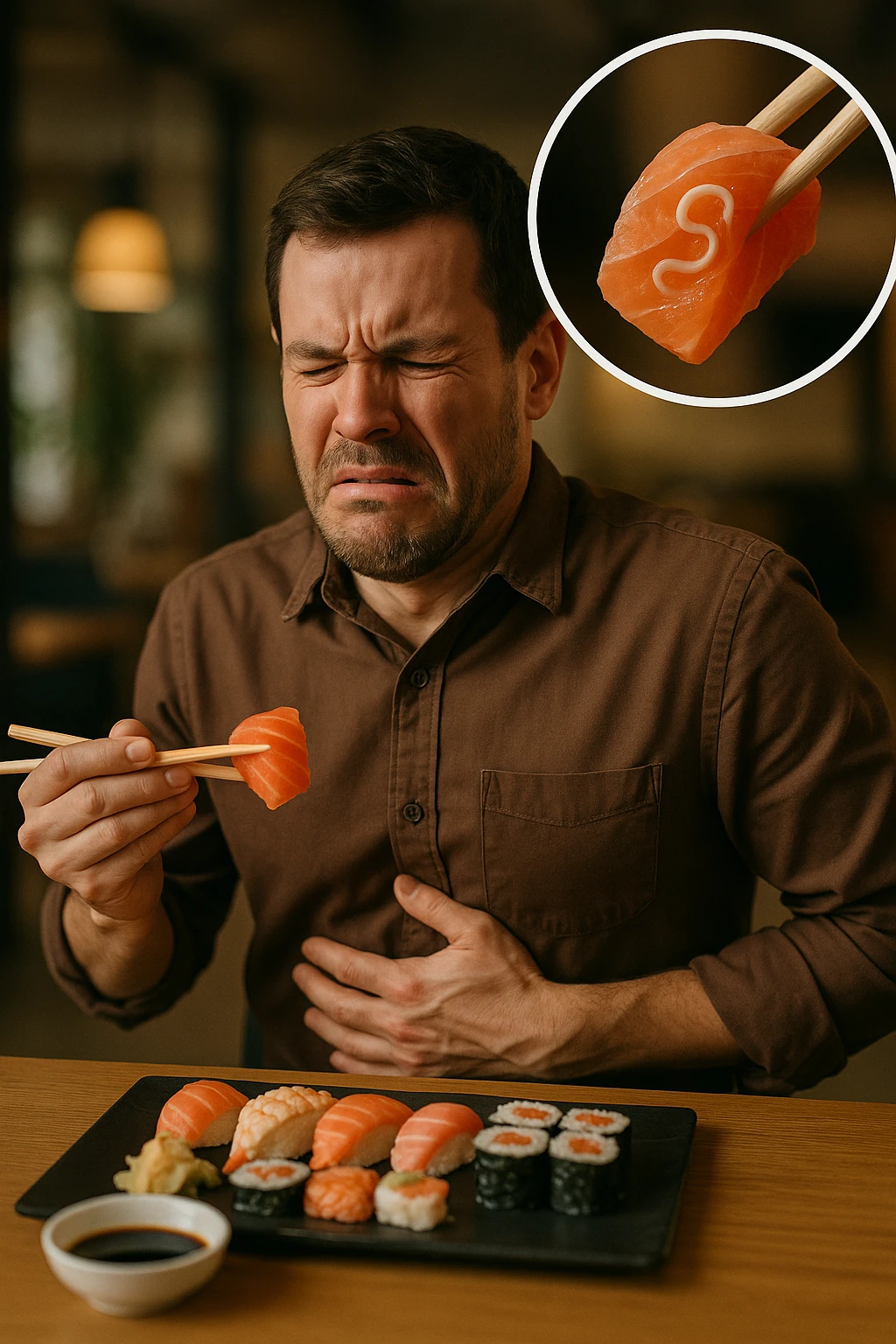 a man sits at a restaurant table, eating a plate of raw fish (such as sushi or sashimi). In a magnified inset, an Anisakis larva is visible inside a piece of fish. The man’s expression changes from enjoyment to sudden discomfort, holding his stomach with a pained look. The background is softly blurred, focusing on the man and the food. in italiano emoji