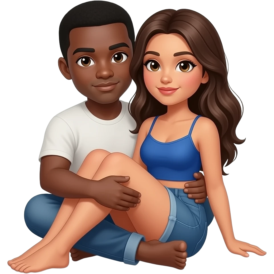 Black male with brown skin and short hair with a Columbian well built woman with look hair and pretty eyes. He has his face between her legs emoji